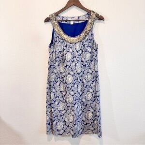 LOFT Boho Beaded Neckline Sleeveless Cotton Midi Dress Blue Floral Resortwear 10